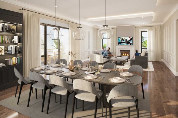 Contemporary dining-Living room interior render with long wood table